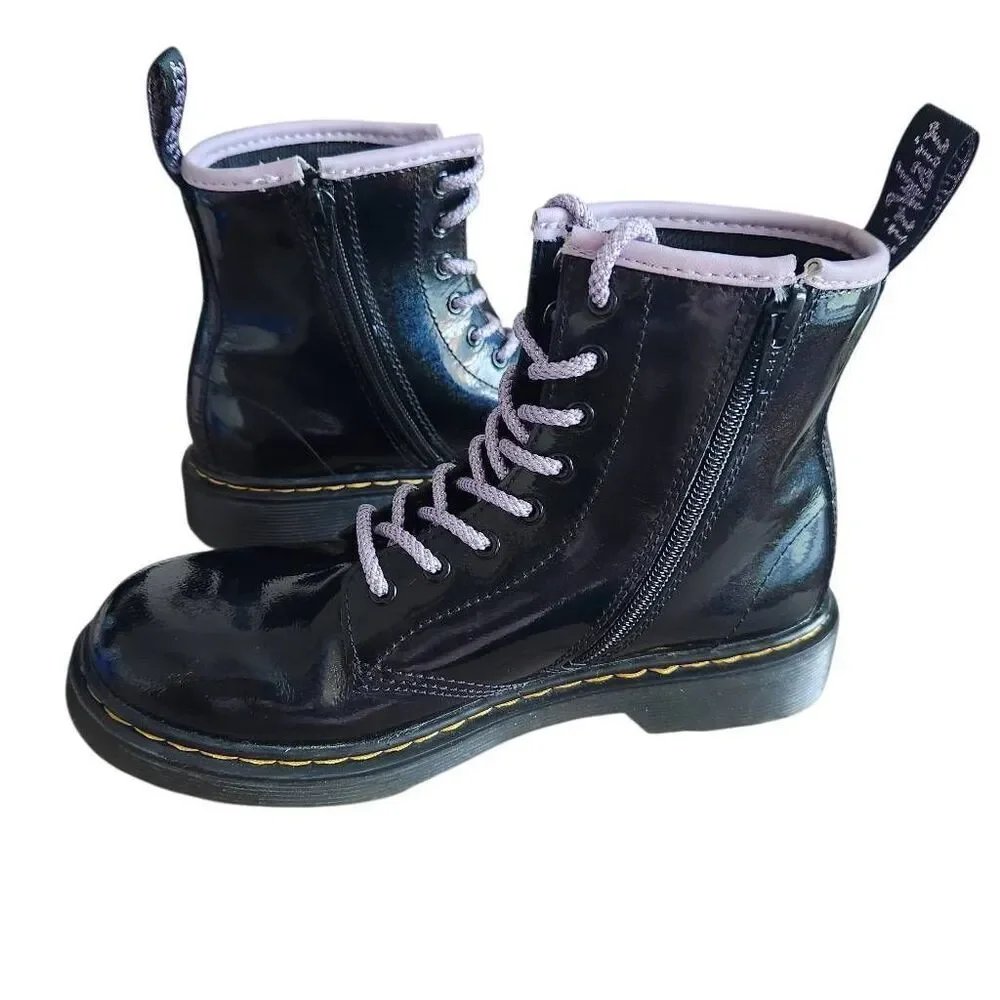 Dr Martens Boots Youth Girls Size 4 1460 Shimmer Heart Lace Up Black Purple Grun